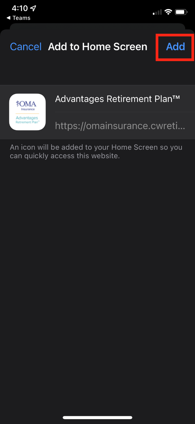 A screenshot of an iPhone on the Add to Home Screen button that shows the name and icon that will appear for the Advantages Retirement Plan app