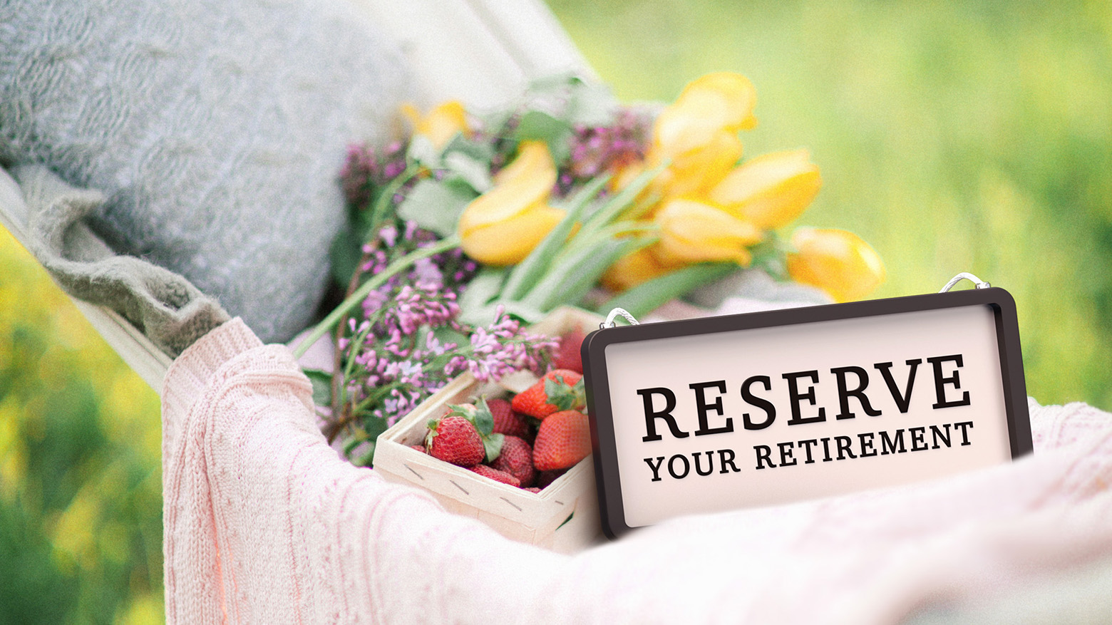 A bouquet of flowers in a hammock with a Reserve Your Retirement sign