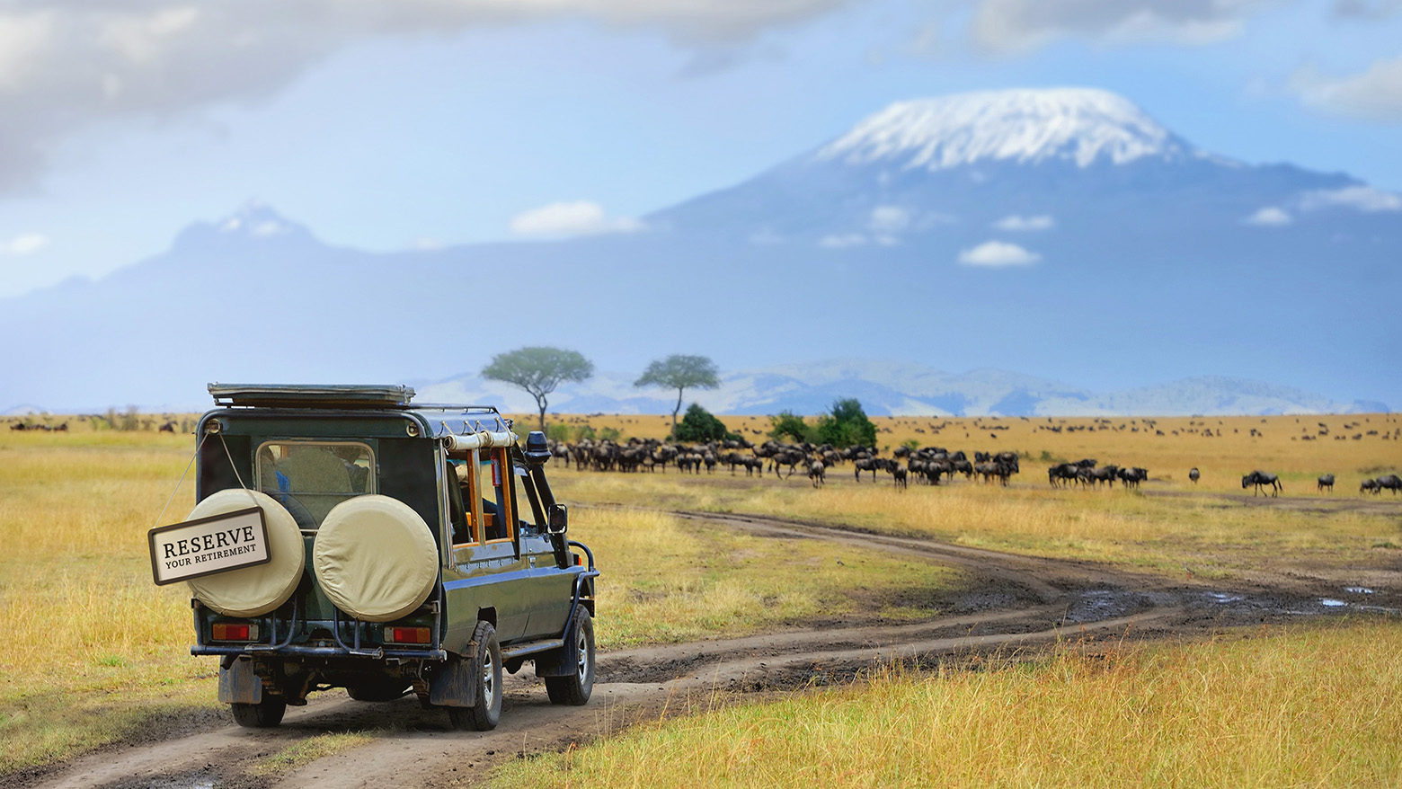 A jeep on safari with a Reserve Your Retirement sign
